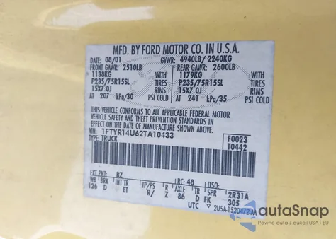 2002 Ford Ranger Edge/Tremor/Xl/Xlt from USA, damaged, VIN 1FTYR14U62TA10433